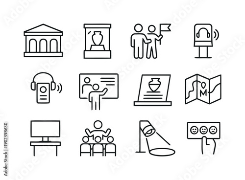 Museum icons set with building exhibition guide visitor map and audio guide