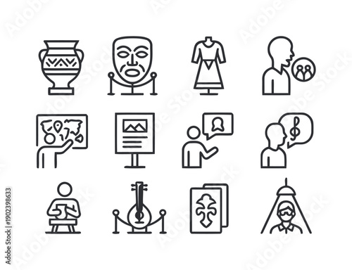Museum exhibition icons representing artifacts art history culture and education elements