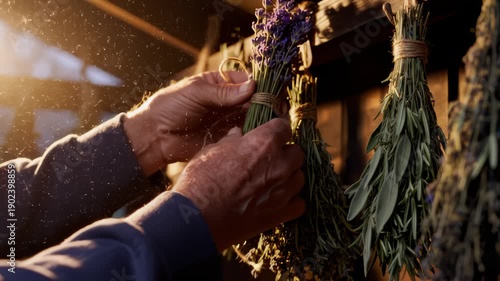 Person Tying Bundles of Lavender and Herbs to Dry Outdoors