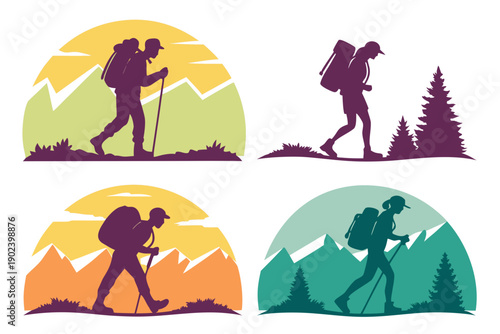 Outdoor Hiking People Silhouette Vector, Travel and Adventure Concept