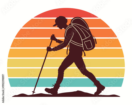 Hiker Walking Silhouette Vector, Outdoor Adventure Illustration