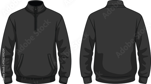 Black quarter zip pullover jacket front and back view illustration, casual long sleeve sportswear with pockets modern apparel vector design
