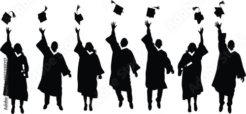 Silhouettes of graduates in academic regalia throwing caps in the air graduation