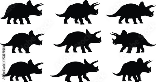 Triceratops dinosaur silhouettes collection featuring prehistoric horned reptile in multiple walking poses, isolated black vector illustration for paleontology and fantasy design