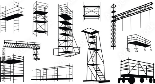 Construction scaffolding set silhouettes showing multiple platform structures, tower frames, mobile scaffold, and industrial building equipment vector illustration