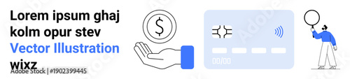 Hand holding coin and contactless card, person with balloon, emphasizing digital payments, savings, financial services, mobile transactions, modern banking, fintech, cashless system simple landing