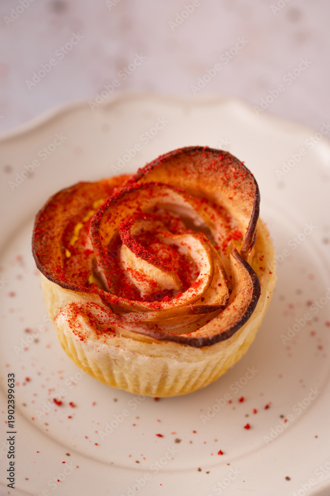 Fototapeta premium Apple rose puff pastry desserts on elegant plate with candle and flowers cozy romantic bakery concept