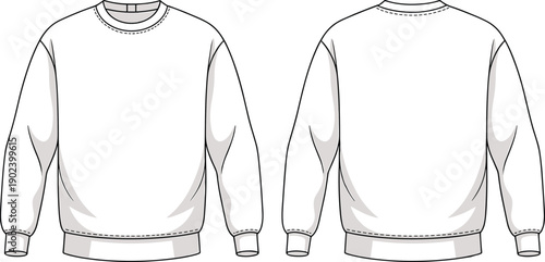 Crew neck sweatshirt front and back view illustration, casual long sleeve pullover with ribbed cuffs and hem, modern apparel vector