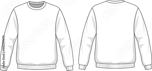 Crew neck sweatshirt front and back view illustration, casual long sleeve pullover with ribbed collar, cuffs, and hem modern apparel vector