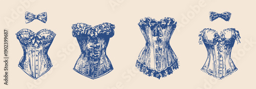 vintage rococo fashion illustrations, hand drawn engraving style, antique women's garments, corsets, blouses