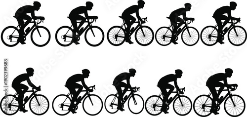 Ten black silhouettes of cyclists in motion on white background cycling bicycle sport
