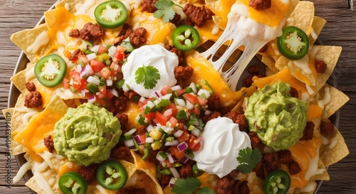 Plate of fully loaded nachos featuring melted cheese, ground meat, salsa, sour cream, and sliced jalapenos.