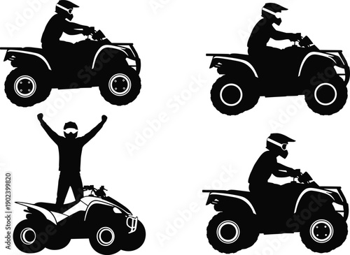 WebSet of quad bike ATV off road vehicle silhouettes with rider driving and celebrating victory isolated black vector illustration on white background for adventure