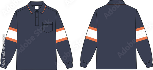 Long sleeve polo shirt with stripe sleeve detail and chest pocket front and back view illustration, modern casual apparel vector design
