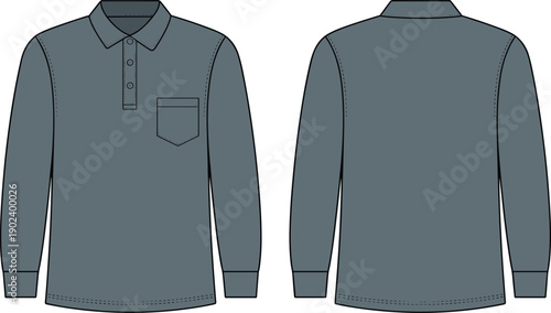 Long sleeve polo shirt with chest pocket front and back view illustration, casual collared apparel modern textile fashion vector design