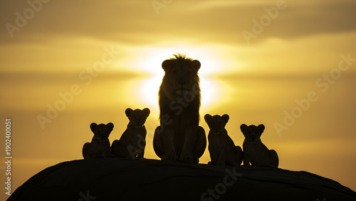 Silhouette of male lion with cubs on hill at sunset, dramatic sunlight, family concept, leadership, African wildlife, strength, and nature scene.