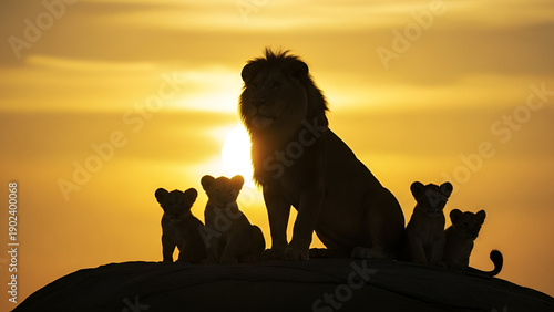 Silhouette of male lion with cubs on hill at sunset, dramatic sunlight, family concept, leadership, African wildlife, strength, and nature scene.