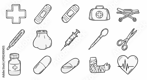 A collection of medical icons and symbols in a simple line art style