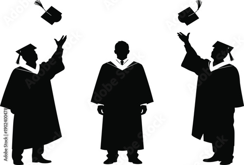 Three black silhouette figures in graduation gowns and caps throwing caps in the air on a white background
