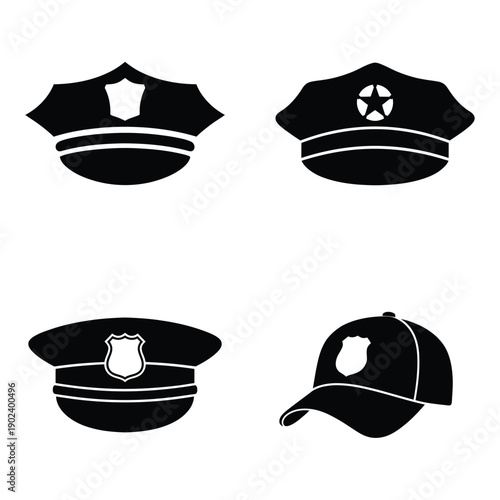 Four black and white silhouettes of various police and security headwear