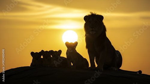Silhouette of male lion with cubs on hill at sunset, dramatic sunlight, family concept, leadership, African wildlife, strength, and nature scene.
