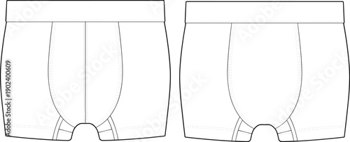 Men’s boxer briefs underwear front and back view illustration, comfortable elastic waistband undergarment, modern textile apparel vector design