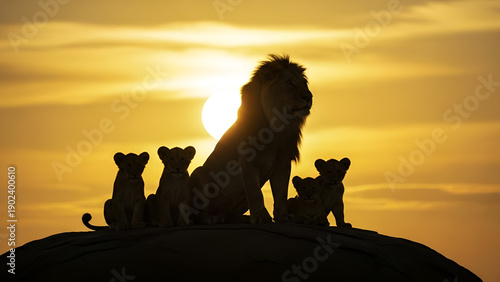 Silhouette of male lion with cubs on hill at sunset, dramatic sunlight, family concept, leadership, African wildlife, strength, and nature scene.