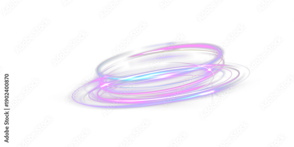Naklejka premium Luminous neon light spiral with vibrant purple and blue energy trails forming dynamic glowing rings on dark background.