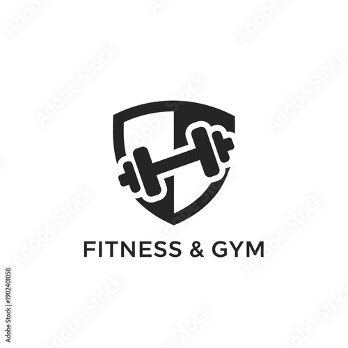 Fitness and Gym Logo Featuring Shield and Dumbbell Illustration