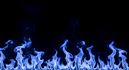Blue fire flames bottom border on dark black background