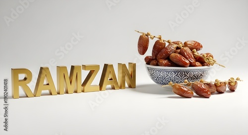 Ramzan Celebration: A festive display of the word RAMZAN beside a bowl of dates, symbolizing the spirit of Ramadan and the tradition of breaking fast.