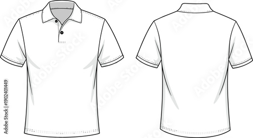 Short sleeve polo shirt front and back view illustration, casual collared apparel garment, modern textile fashion vector design