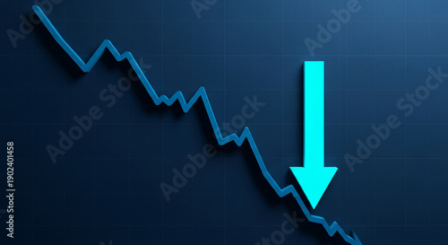 Image of a descending blue line graph with a prominent arrow pointing downwards, visually representing economic decline or a negative trend