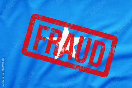 Blue Somalian national flag with red stamp FRAUD on it. Fraud Awareness and Scam Prevention Concept.