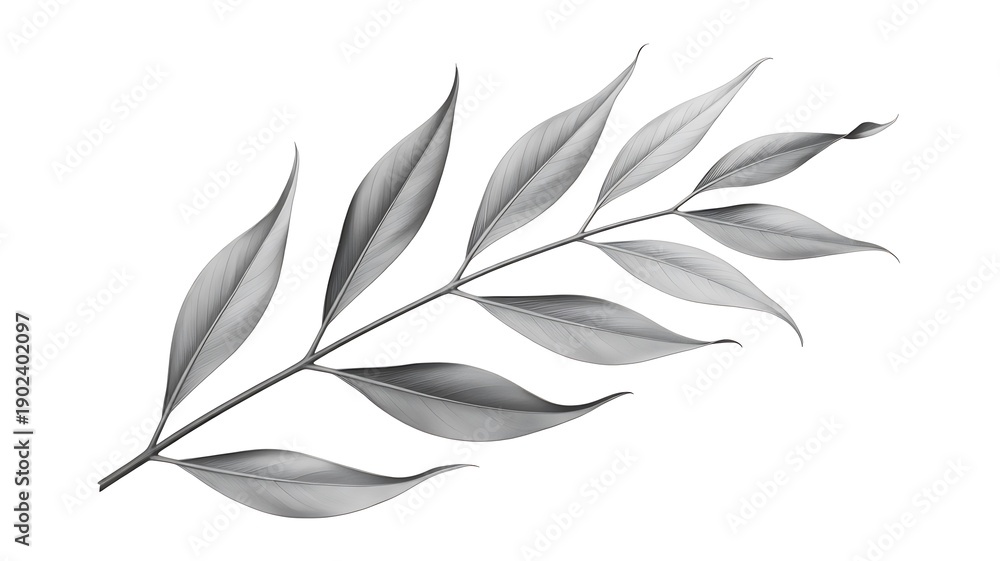 Obraz premium Grayscale plant branch with multiple leaves, isolated on white, botanical illustration style