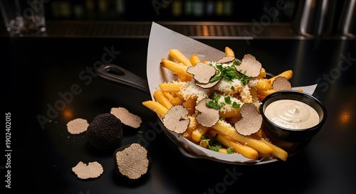 Gourmet french fries topped with luxurious truffle shavings and creamy dipping sauce presented elegantly.