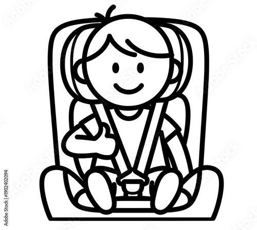 Child illustration showing a happy young boy in a car seat with a seatbelt, emphasizing safety and comfort while traveling in a vehicle, promoting child safety awareness