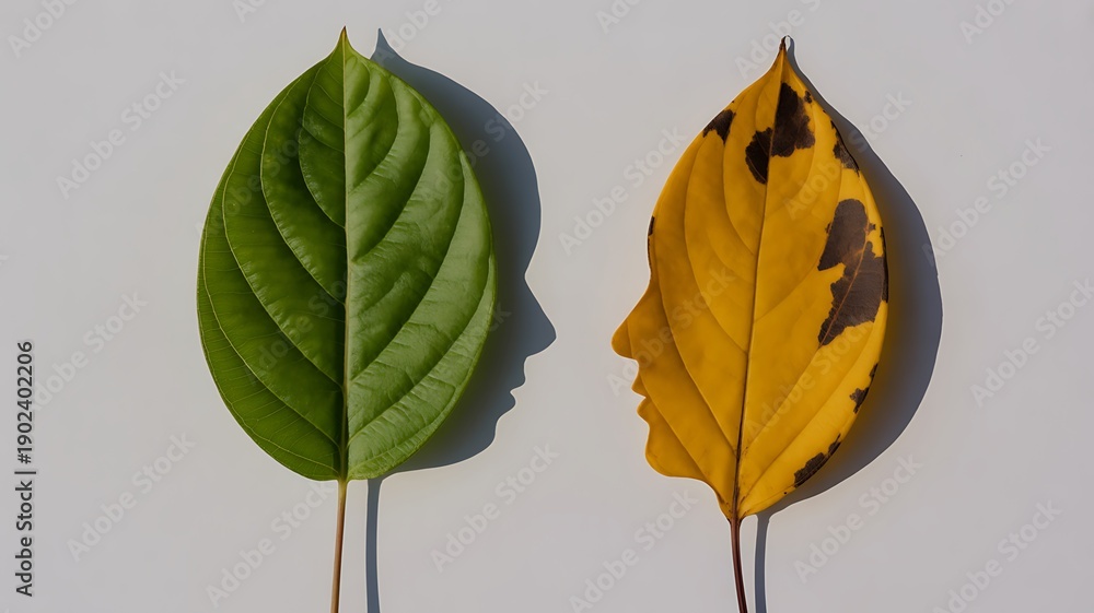 Obraz premium Green leaf human profile, yellow leaf human profile, nature inspired concept, environmental change