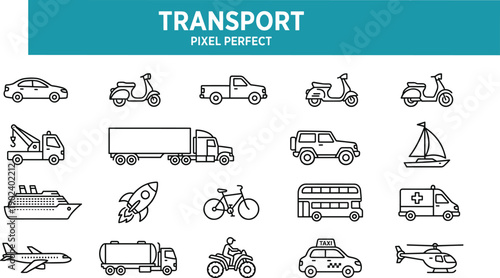 Transport line icons collection with cars, trucks, aircraft, boats, emergency vehicles, and public transit pixel perfect vector illustration