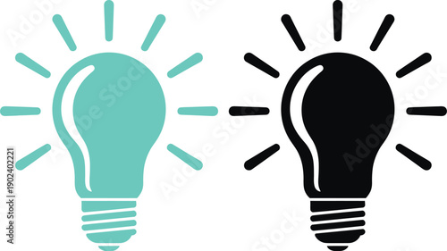 Set of Two Light Bulb Icons in Teal and Black Featuring Glowing Filament Rays for Idea Generation Creativity and Innovation Concept Design