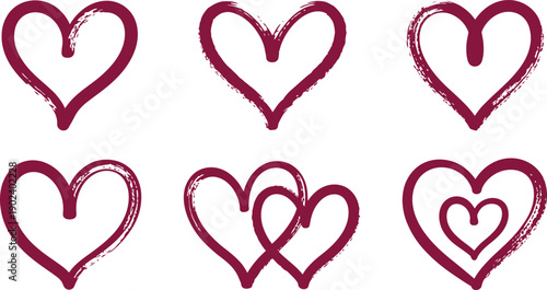 Set of Hand Drawn Maroon Heart Icons Featuring Textured Brushstrokes and Interlocking Romantic Shapes for Valentine's Day and Wedding Design