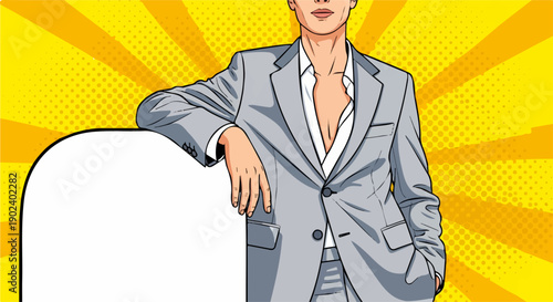 Stylish pop art man in suit leaning on blank speech bubble, yellow background.