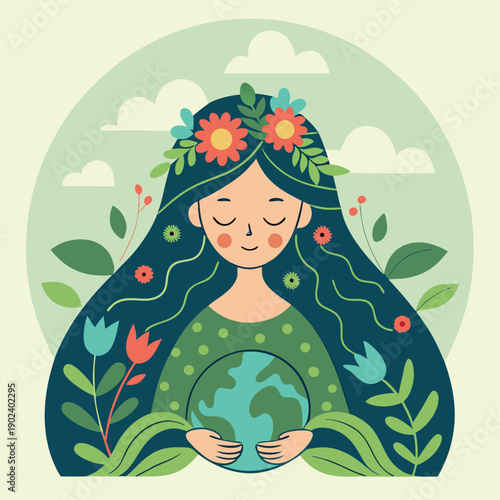 A mother figure with flowing hair made of flowers 