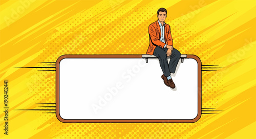 Pop art style man sitting on a blank sign, vibrant yellow comic background.