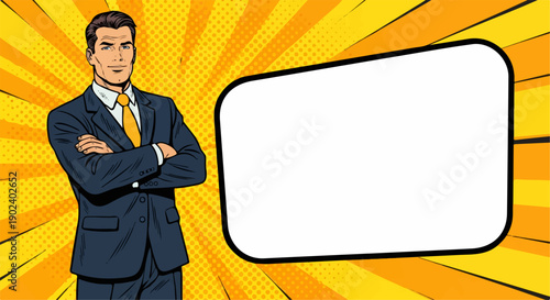 Pop art businessman with crossed arms next to a blank speech bubble.