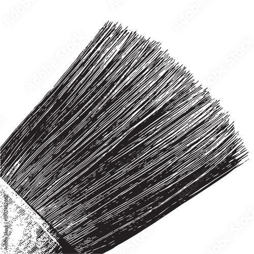 Close-up black and white graphic of textured bristles on a paintbrush, showcasing coarse fibres and a raw, textured artistic style for creative projects.
