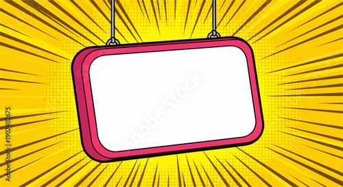 Blank pink-framed sign on vibrant yellow comic burst background.