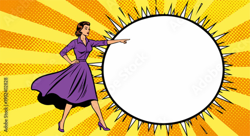 Retro pop art woman pointing to a blank speech bubble on a vibrant background.