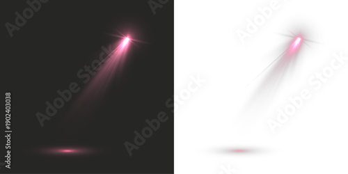 Pink spotlight beam shining diagonally from above onto a dark surface, creating a soft glowing light cone with subtle haze, cinematic mood, and minimalist futuristic stage lighting.