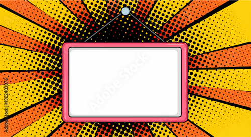 Pop art blank frame on a vibrant comic book background with halftone dots.